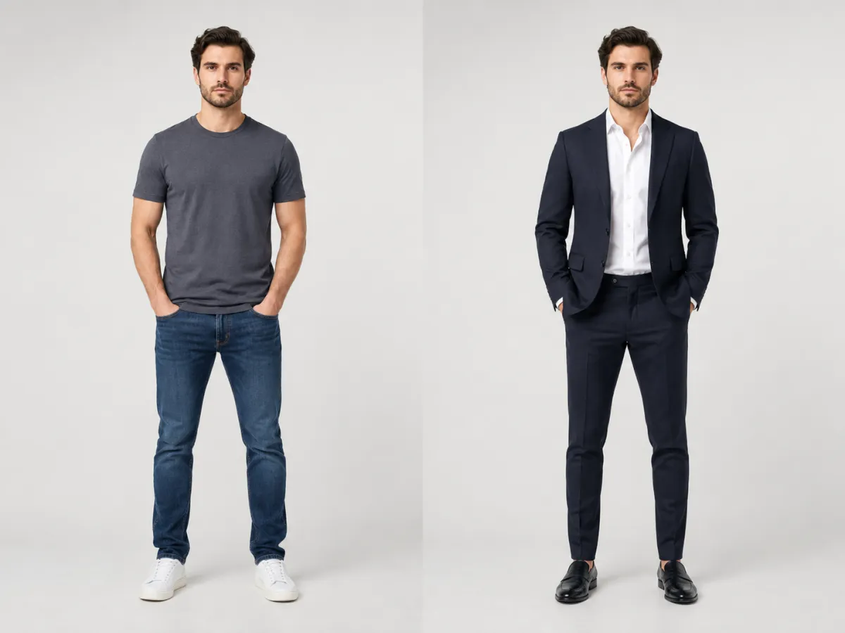 Fotor clothes changer alternative result: a fully-clothed before-and-after outfit change on the same person