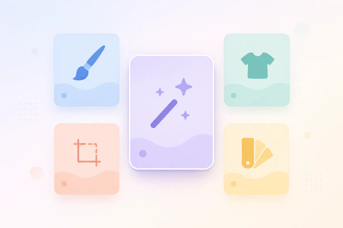 Apps like Fotor for changing clothes shown as abstract editing-tool cards in a comparison grid