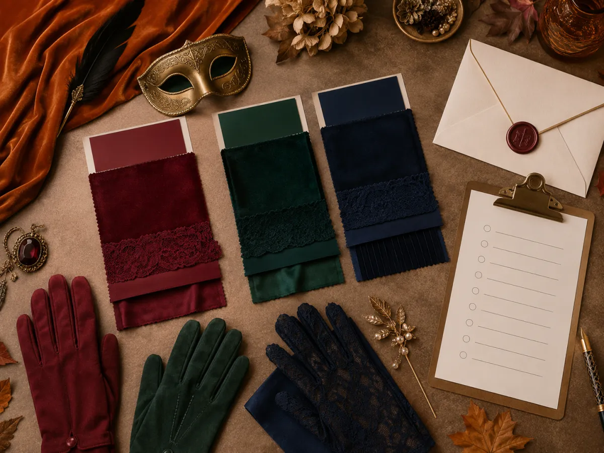 Halloween costume planning board with three distinct clothing color swatches, a small moonlit party invitation, simple accessory silhouettes, and a checked packing list, no people, no words, no logos