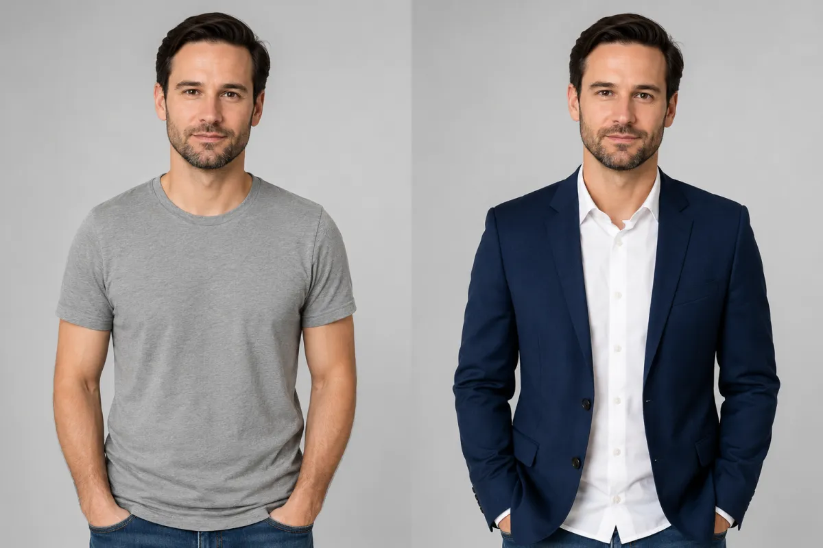 Before and after of the same man, a casual grey t-shirt restyled into a navy blazer with an AI clothes changer, identity unchanged