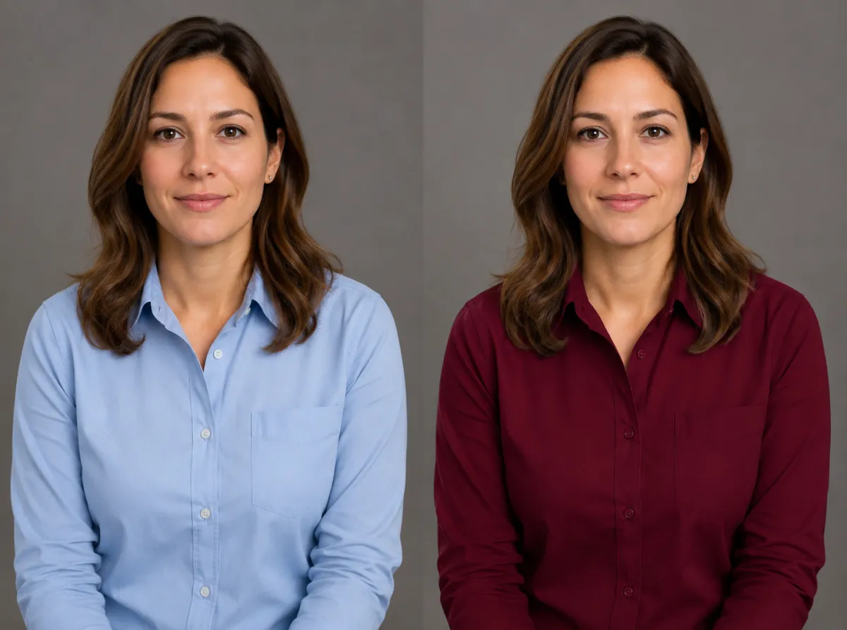 Before and after of the same woman, a plain shirt changed to a different color with an AI clothes changer, face and pose preserved