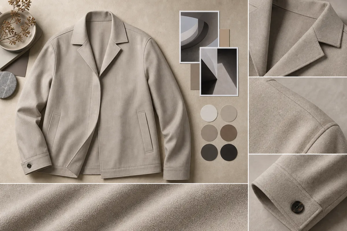 Jacket try-on online quality checklist shown as an editorial flat lay with a neutral jacket, lapel detail, sleeve seam, color swatches, and photo-comparison cards, no readable text or logos