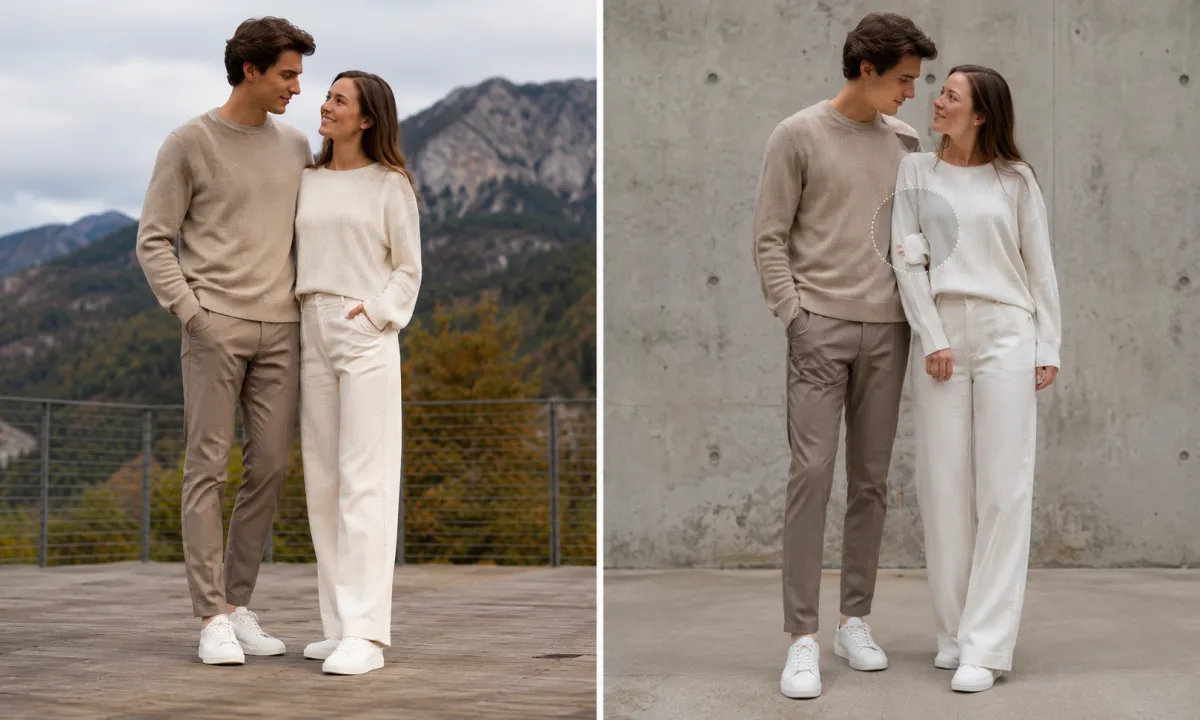 A diagnostic comparison of a stable garment edit and a failed AI clothing edit with clear checks for face, sleeves, pattern, and lighting