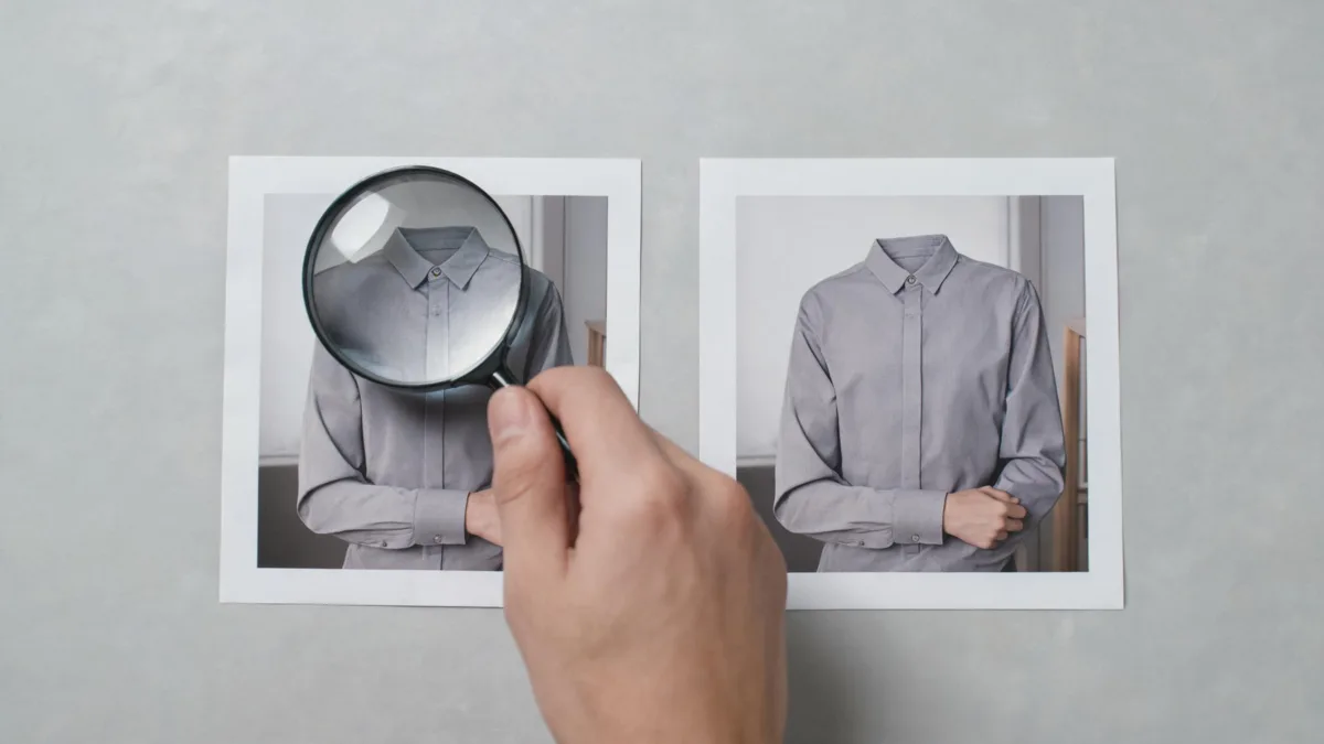 Perchance AI clothes changer output-review setup with two fully clothed outfit-preview prints, a magnifying glass checking collar and sleeve edges, and no brand interface