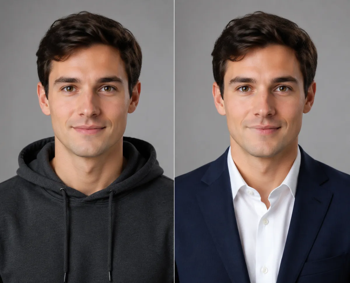 Before and after of the same man, a casual t-shirt restyled into a navy suit and collared shirt for a professional headshot