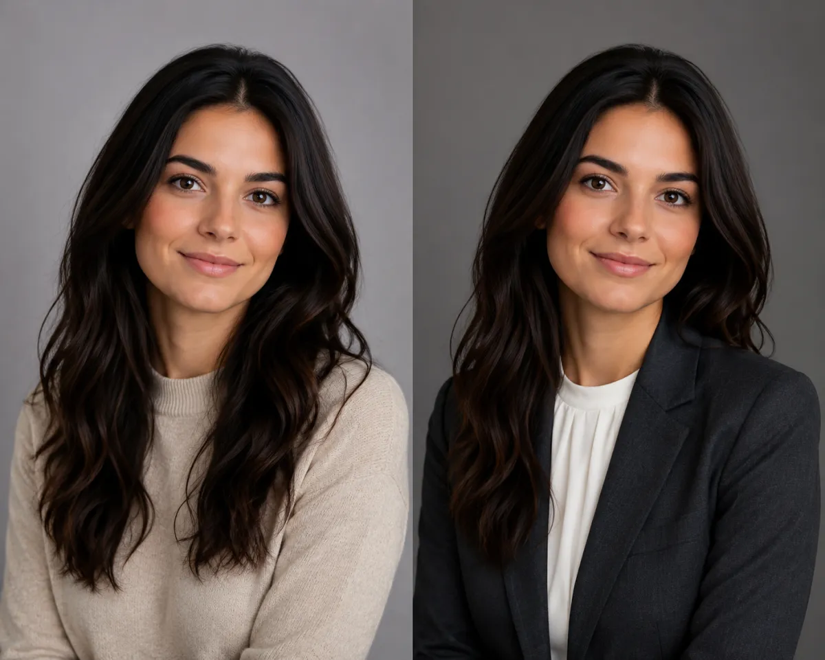 Before and after of the same woman, casual wear restyled into a professional grey blazer for a polished headshot