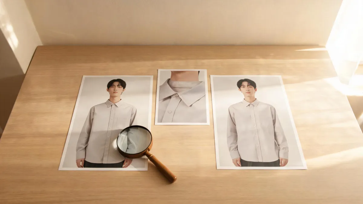 Vidnoz AI clothes changer alternative review with a garment reference, original portrait, edited portrait, and magnifier on collar and sleeve edges