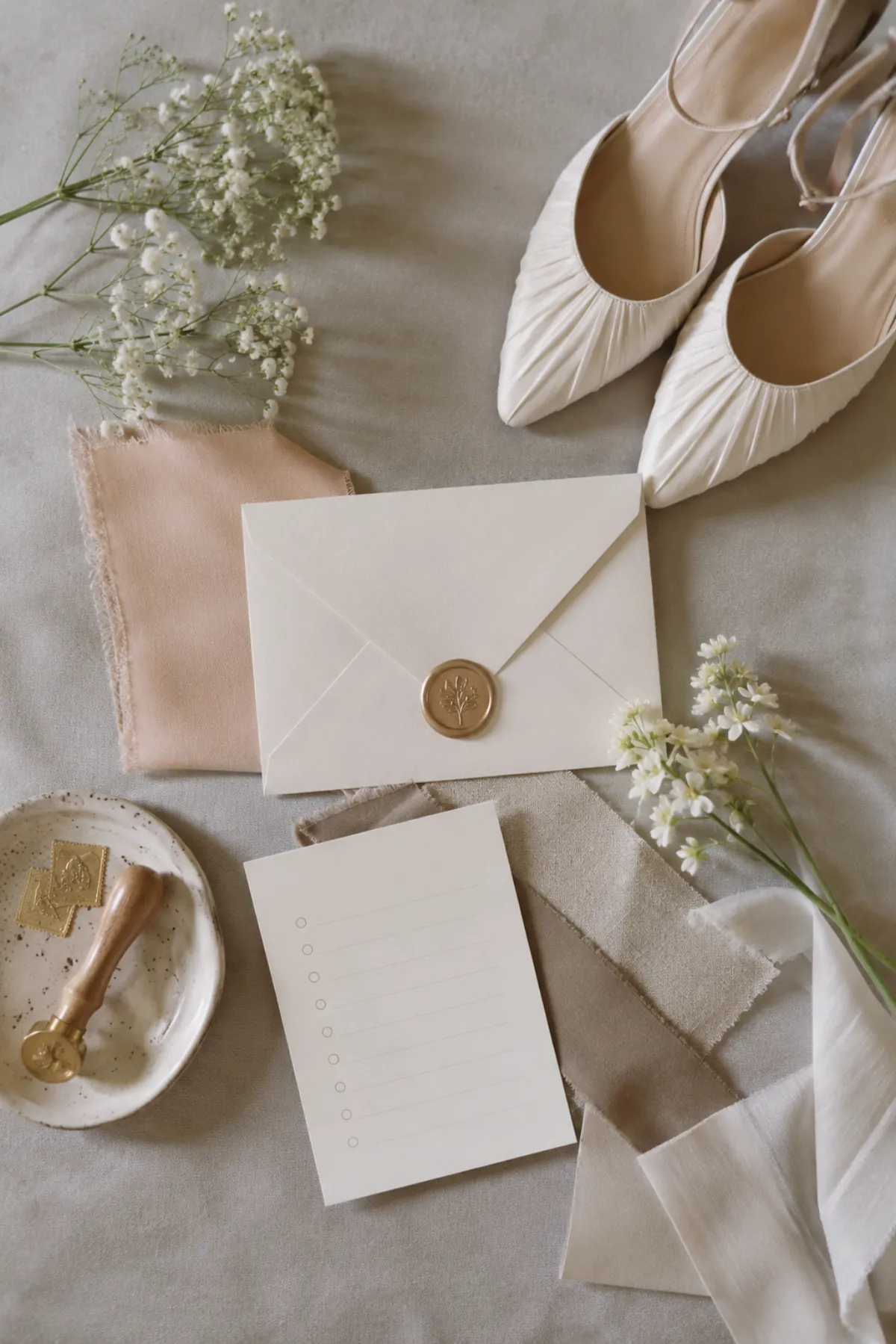 Wedding guest outfit planning scene with invitation envelope, elegant shoe, flower stems, fabric swatches, and a simple checklist composition, no people, no text, no logos