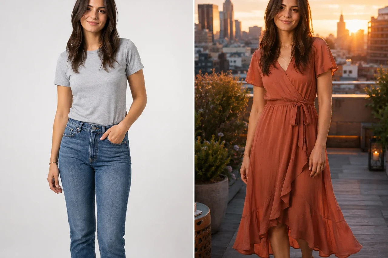 Before and after generated from a text description — a person in plain clothes on the left, dressed for a summer rooftop party in a flowing terracotta dress on the right