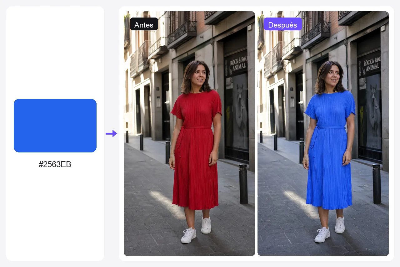 Vestido plisado rojo de una mujer en Madrid, con el color cambiado a azul cobalto #2563EB sin perder los pliegues