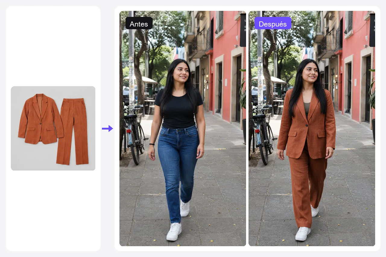 Foto de una mujer en la Ciudad de México con camiseta negra y jeans, cambiada a un traje de lino terracota