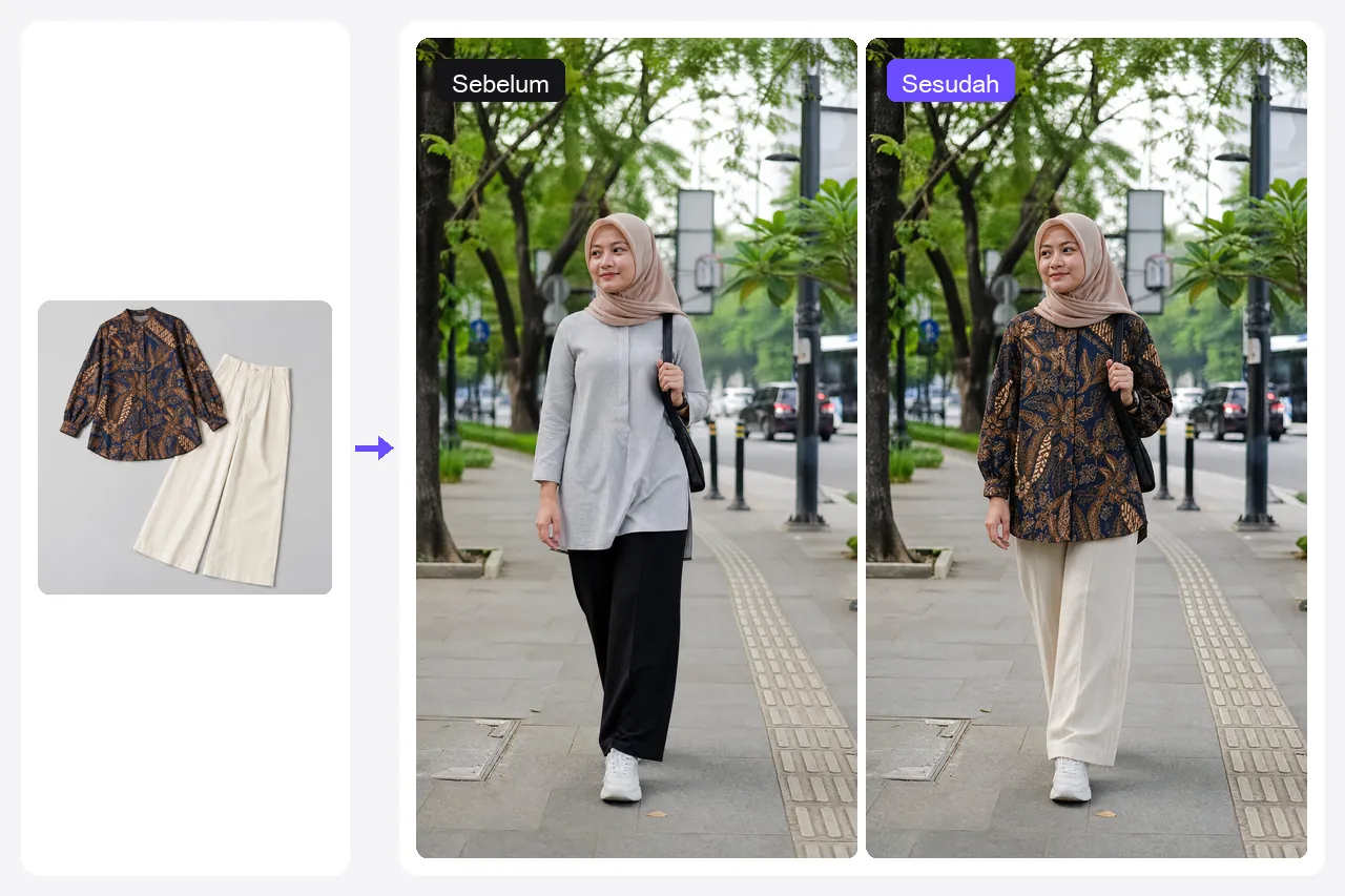 Foto perempuan berhijab di Jakarta, tunik abu-abu diganti menjadi blus batik dan celana krem lebar