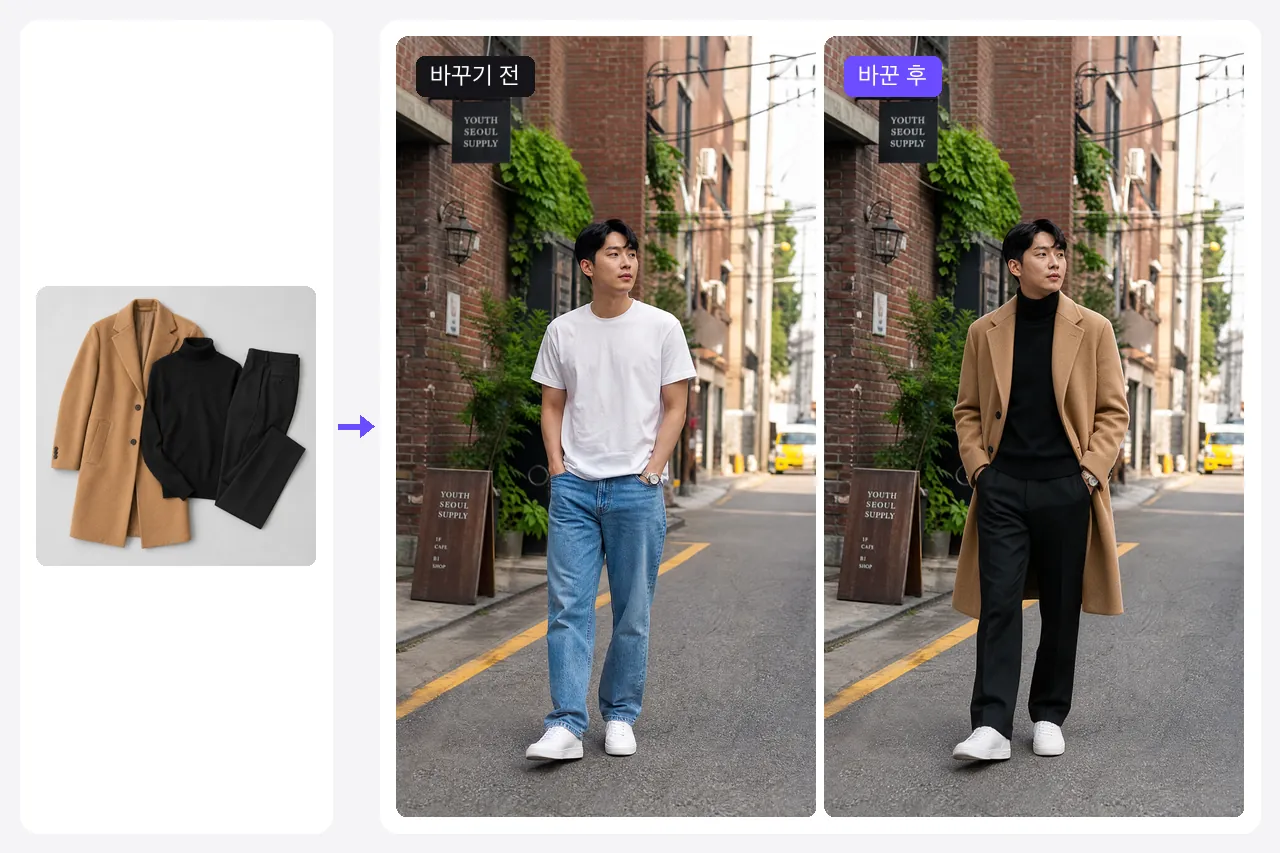 성수동 거리에서 흰 티셔츠와 청바지를 입은 남성 사진을 카멜 코트와 검은 터틀넥으로 바꾼 전후 비교