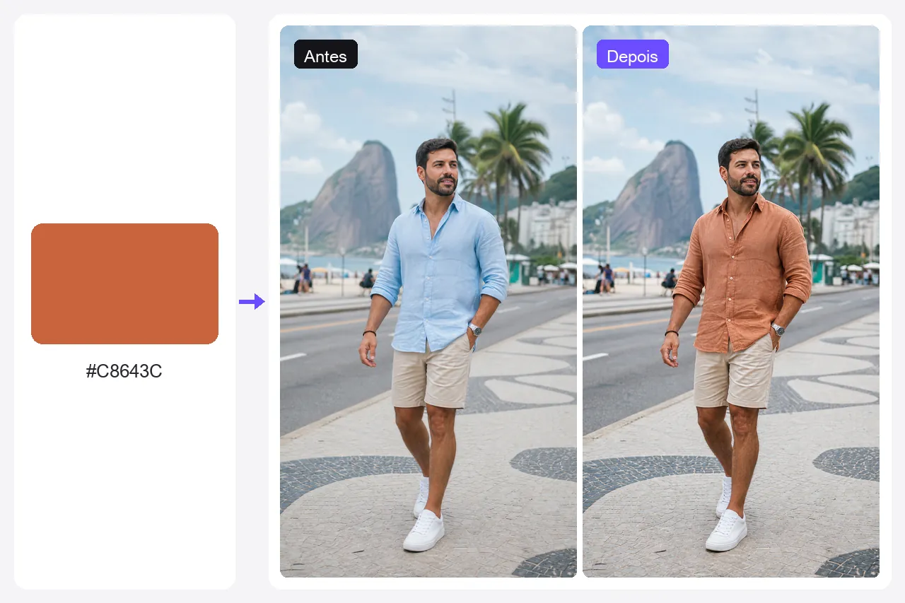 Camisa de linho azul-clara de um homem no Rio de Janeiro, com a cor mudada para terracota sem perder a textura