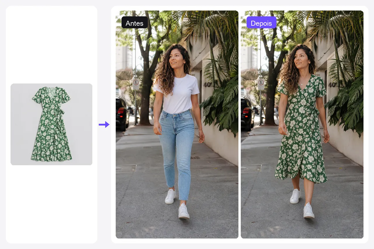 Foto de uma mulher em São Paulo de camiseta branca e jeans, trocada para um vestido midi floral verde