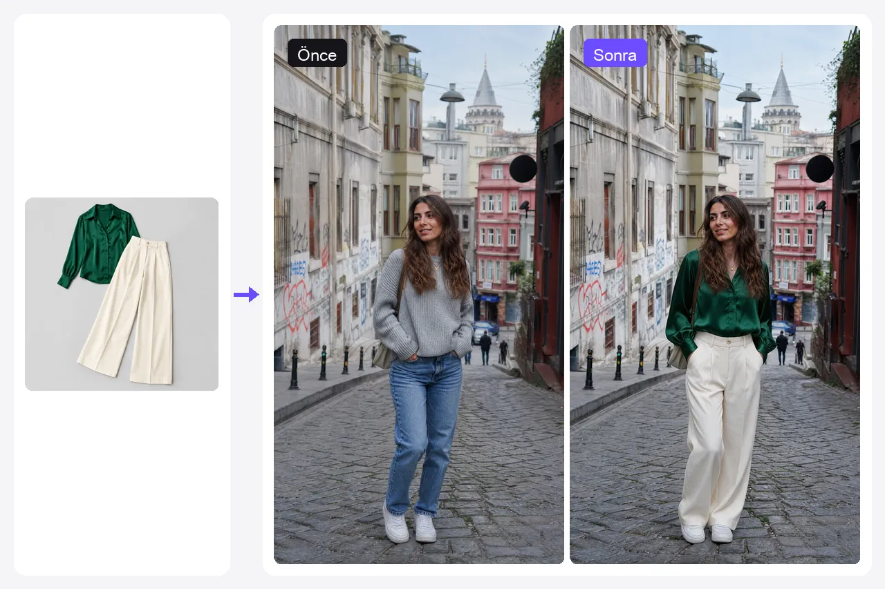 Karaköy’de gri kazak ve kot giyen bir kadının fotoğrafı, zümrüt yeşili saten bluz ve krem pantolonla değiştirilmiş hali