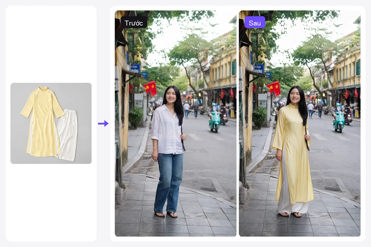 Ảnh cô gái ở phố cổ Hà Nội mặc sơ mi trắng và quần jeans, được thay sang áo dài vàng nhạt