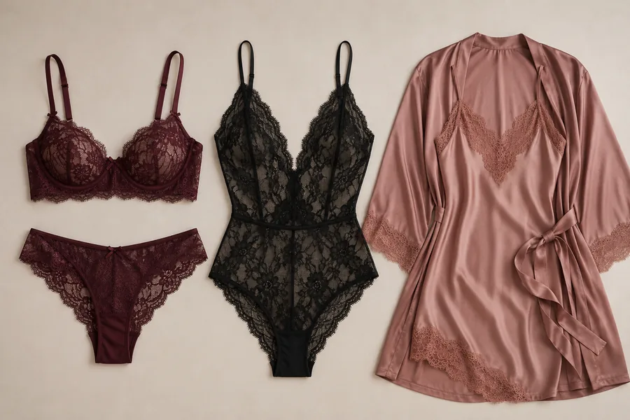 Three tasteful lingerie options arranged as a shopping comparison on a warm neutral background