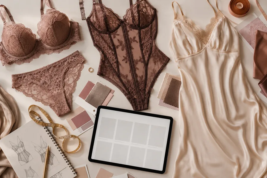 A boutique planning board with lingerie product references, soft fabric swatches, and a tablet preview