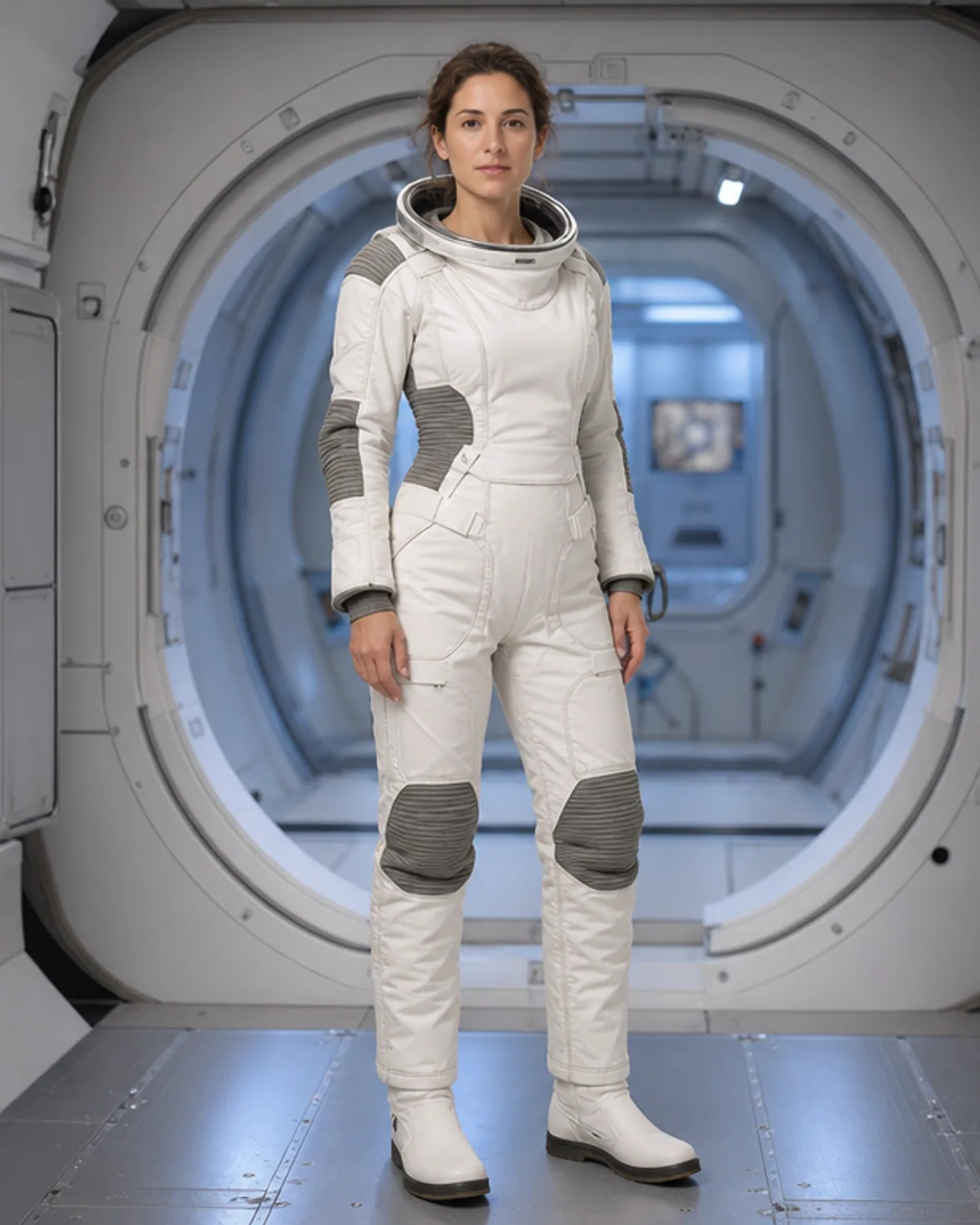 Adult wearing an original white space suit in a fictional orbital cabin
