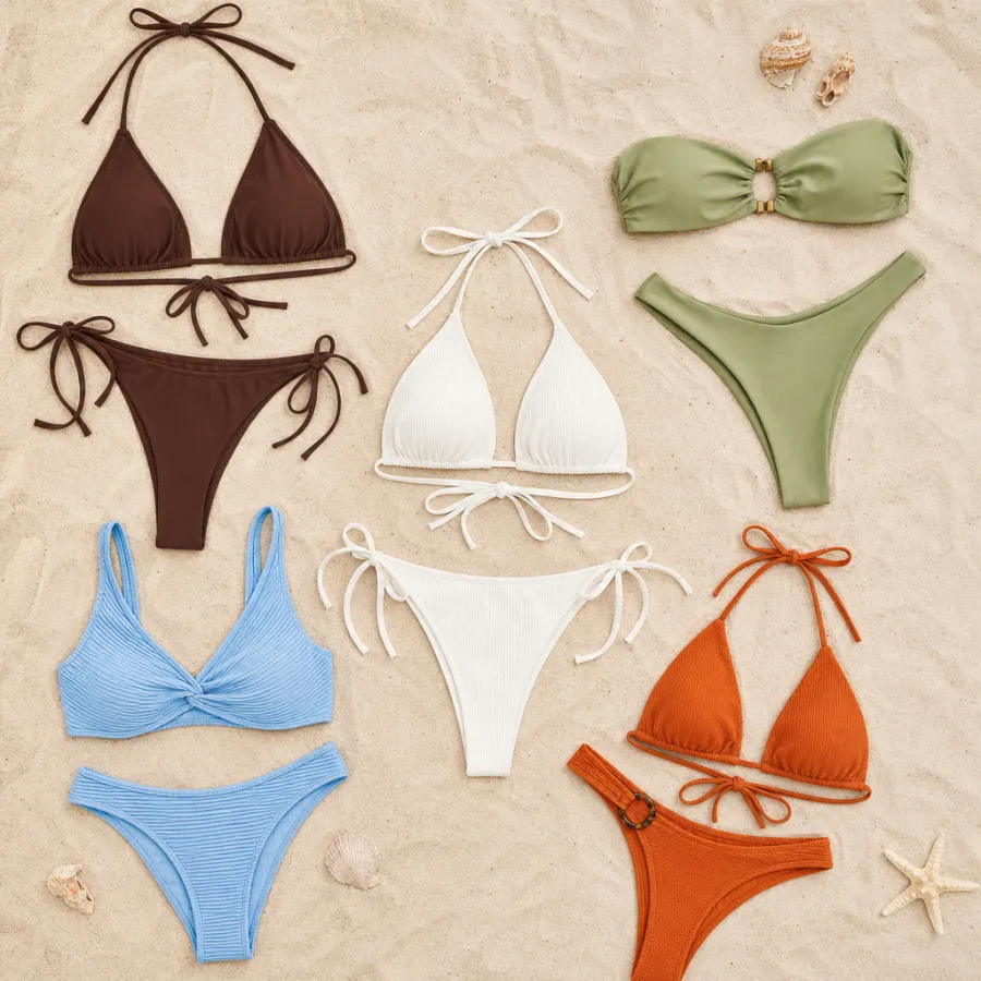 A flat lay of several different bikinis in assorted colours and cuts to compare