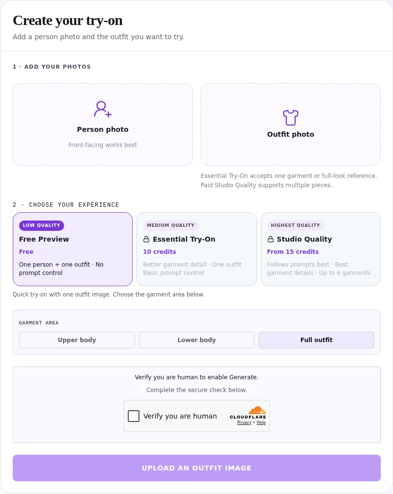 AIClothSwap interface showing Free Preview and Essential Try-On options