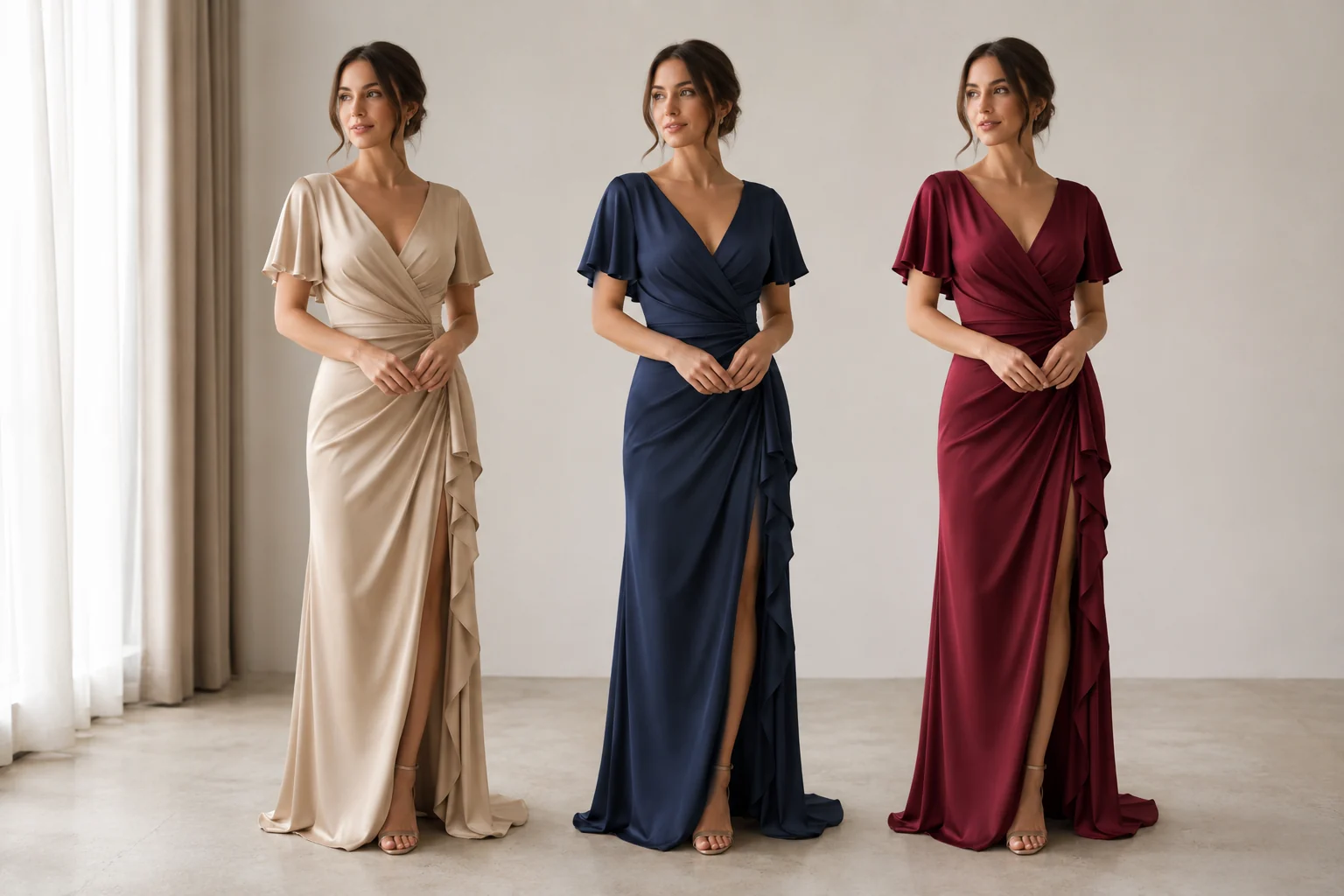 The same long evening gown shown in three different solid colours side by side on a model