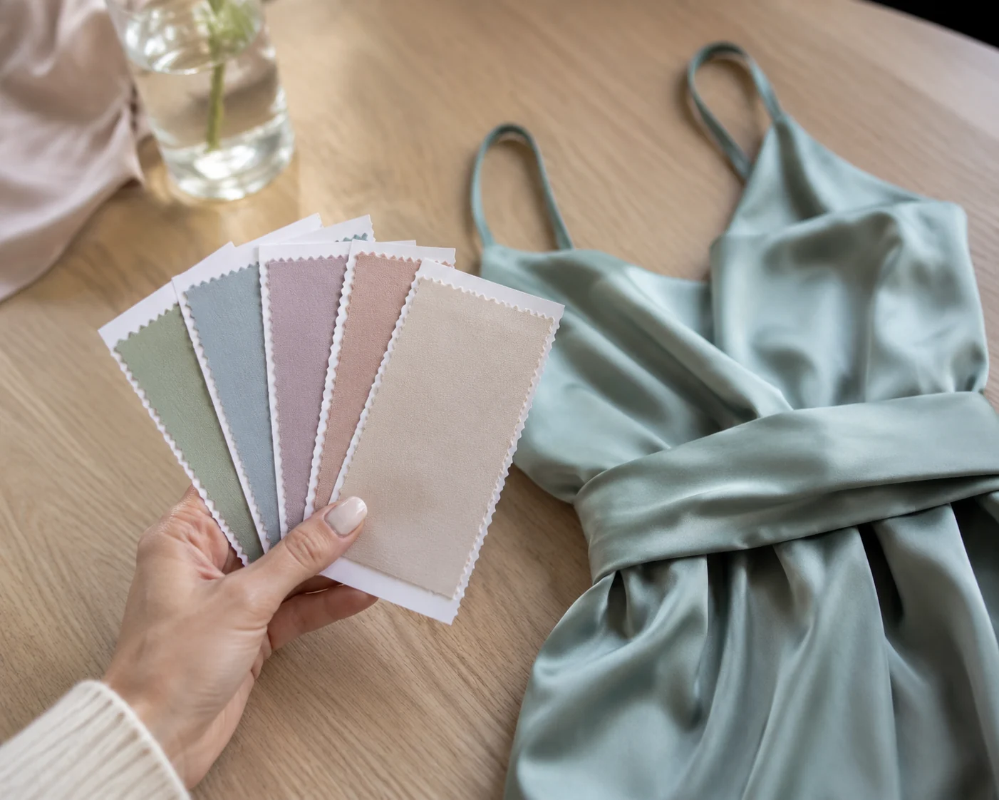 A hand holding fabric swatch cards in muted pastels next to a folded satin dress
