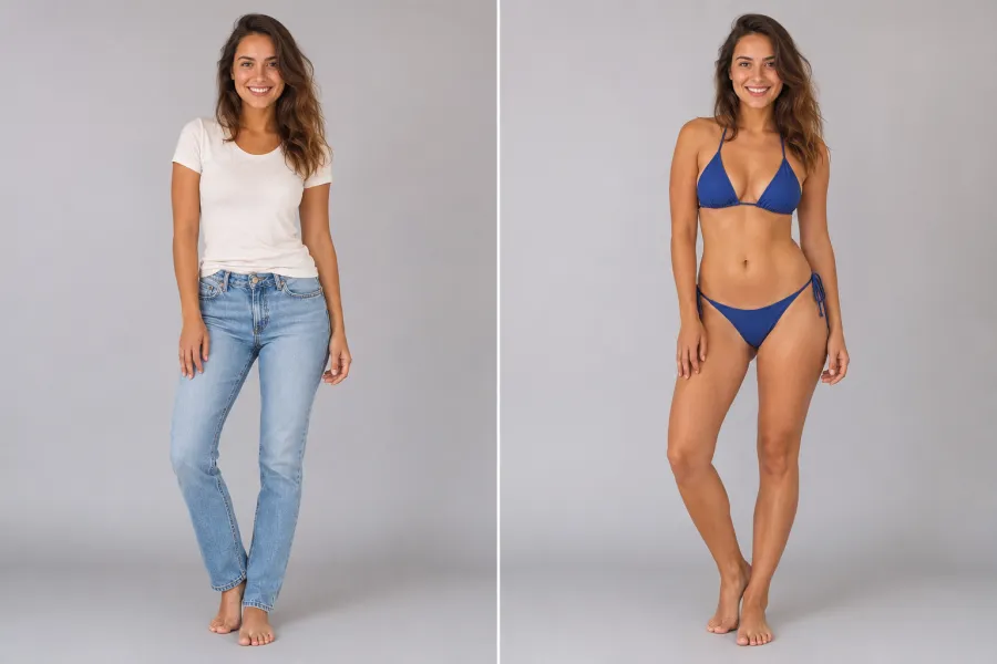 A woman in her twenties wearing a stylish bikini on a sunny beach, relaxed pose, full body, tasteful swimwear