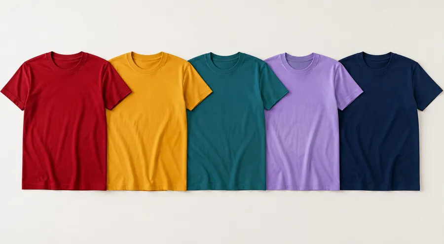 The same t-shirt shown in several different solid colors in a row