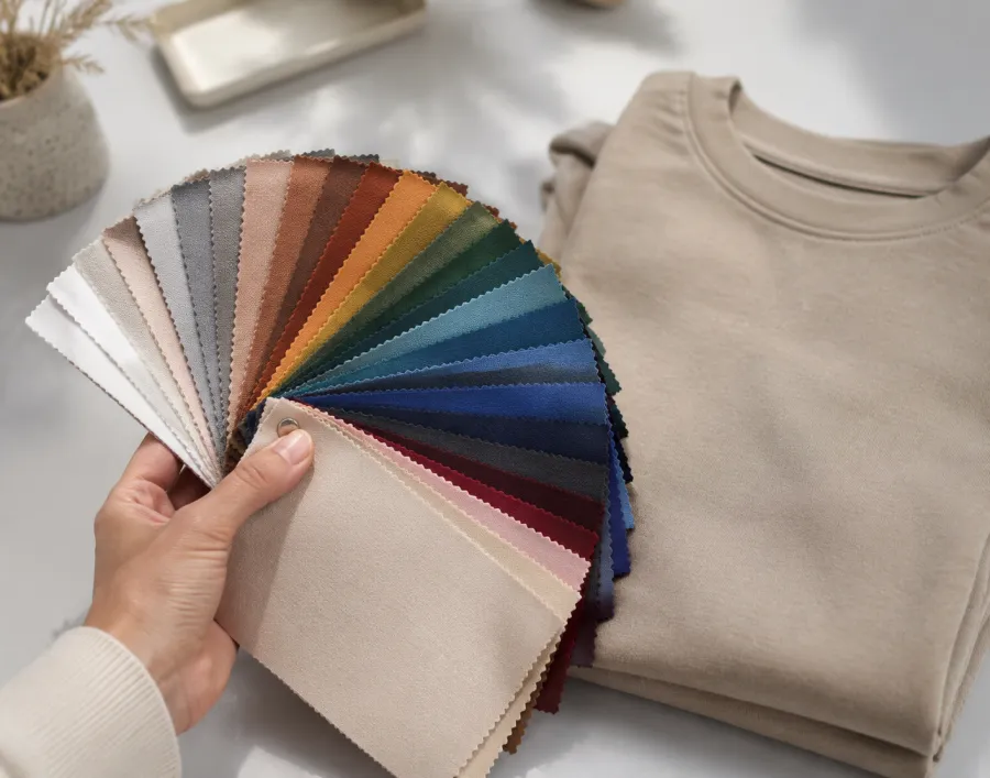 A hand holding fabric color swatch cards next to a folded garment