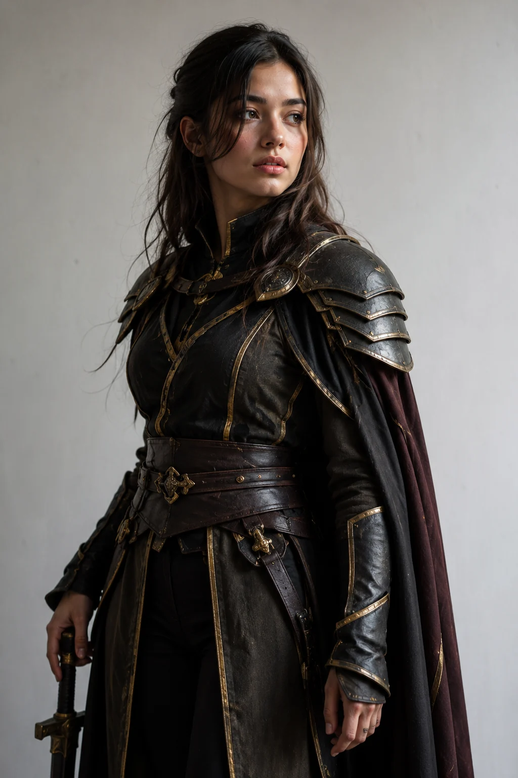 A young woman in a stylized fantasy-warrior cosplay with armored shoulders and a flowing cape, standing in soft daylight against a plain studio wall