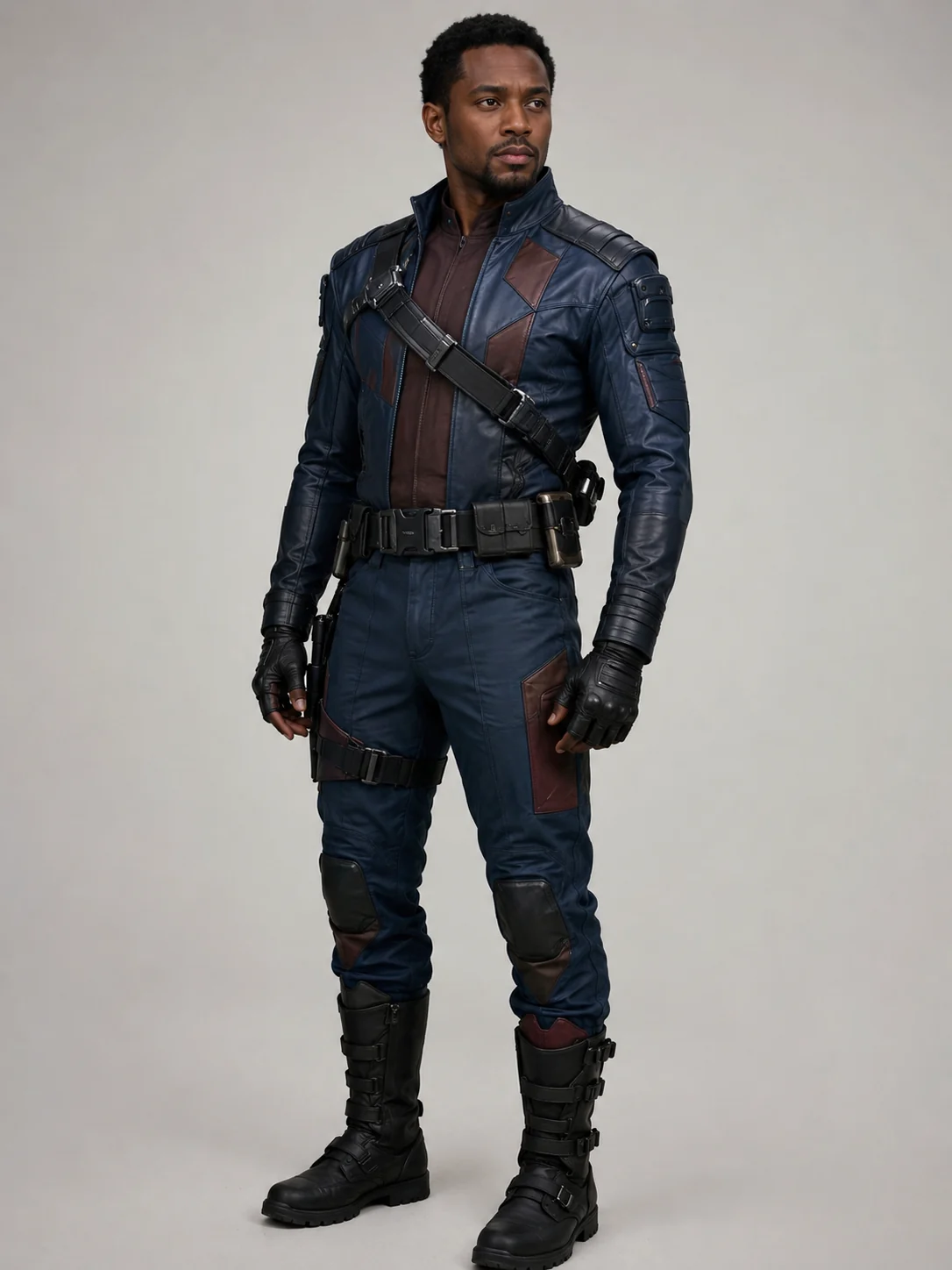 A man wearing a sci-fi hero costume with a sleek jacket and utility harness, photographed in even natural light on a neutral background