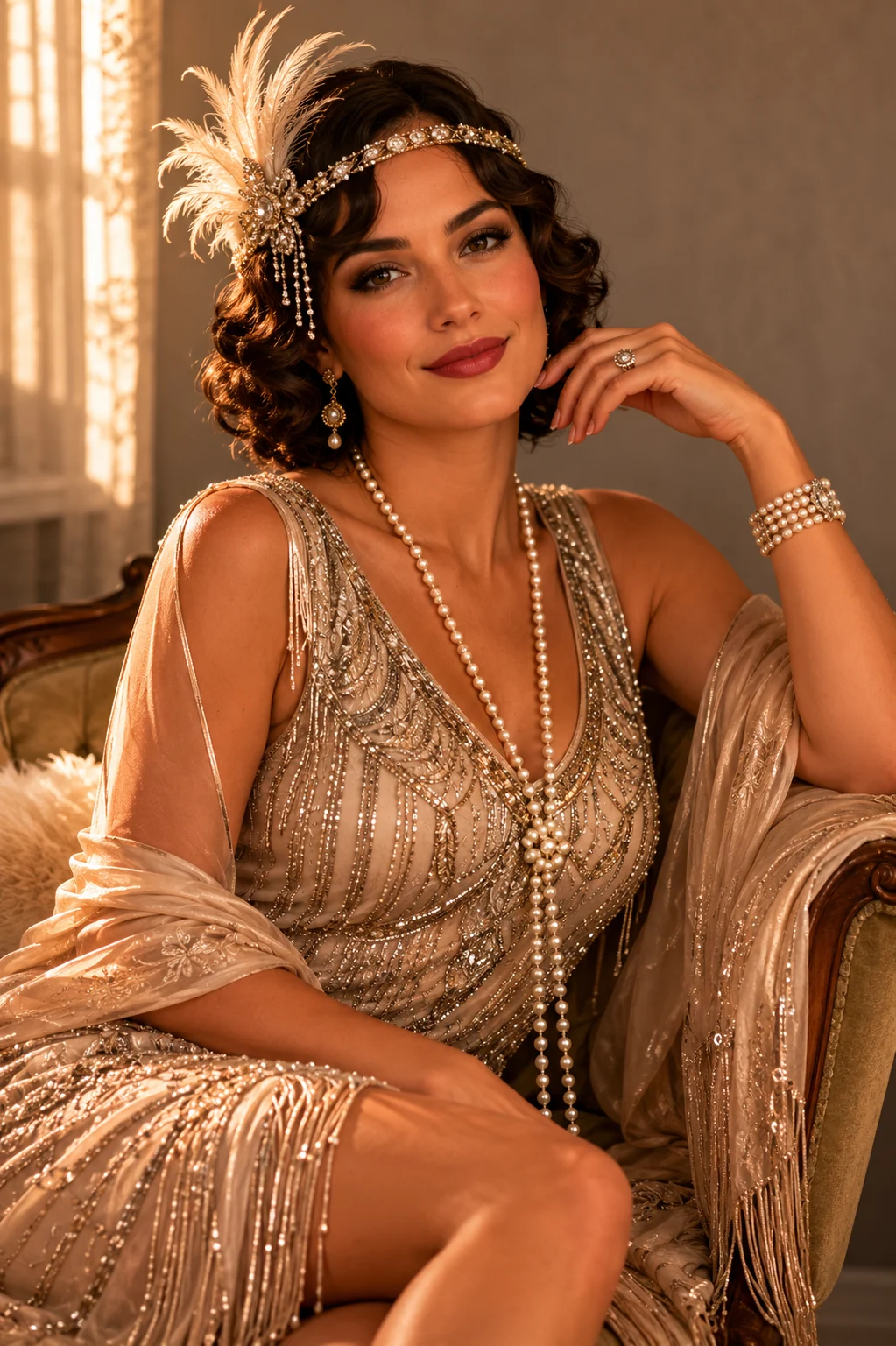 A woman in a 1920s flapper-era costume with beaded detailing and a headband, standing in warm window light against a plain backdrop