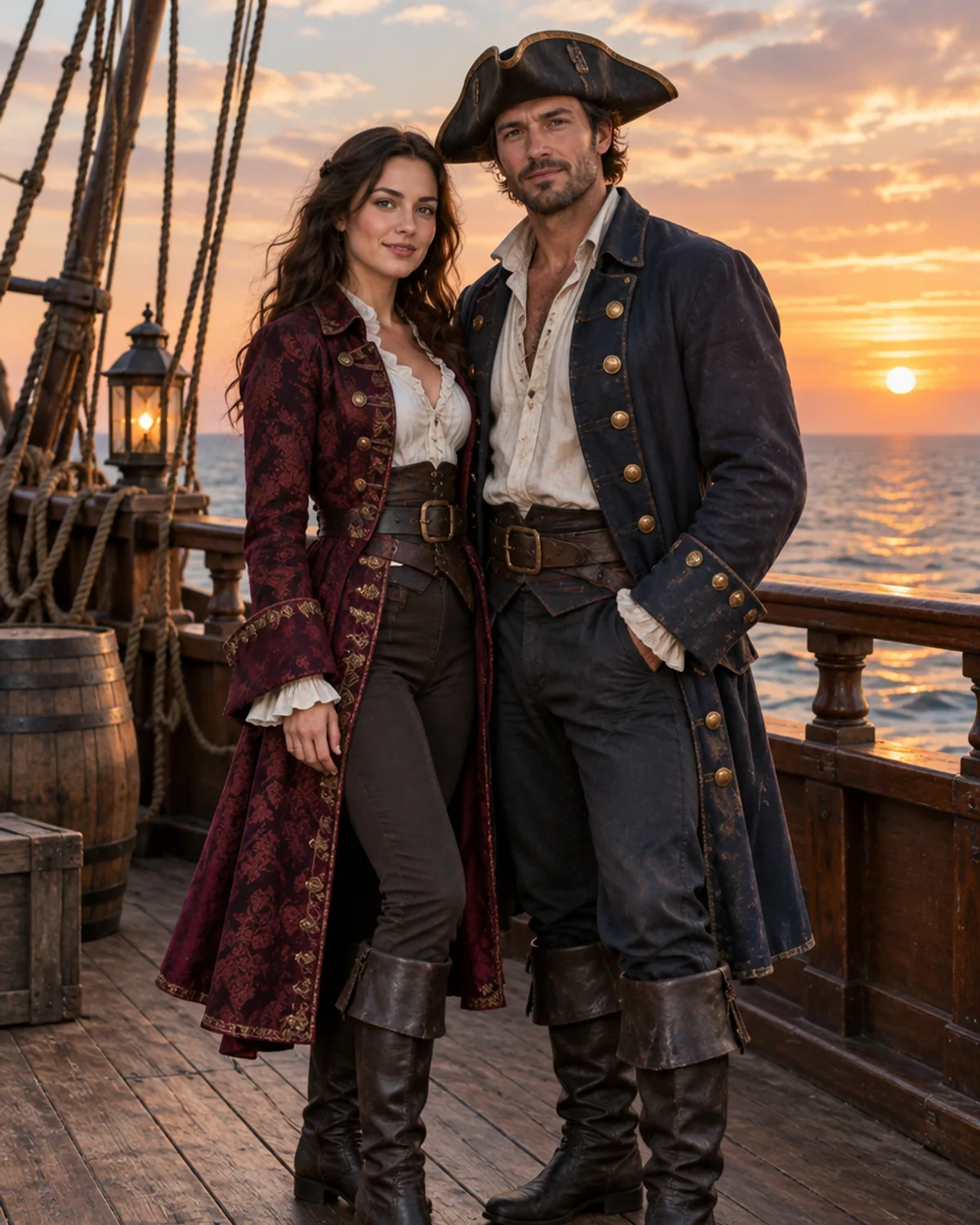 Adult couple in matching original pirate costumes on a ship deck at sunset
