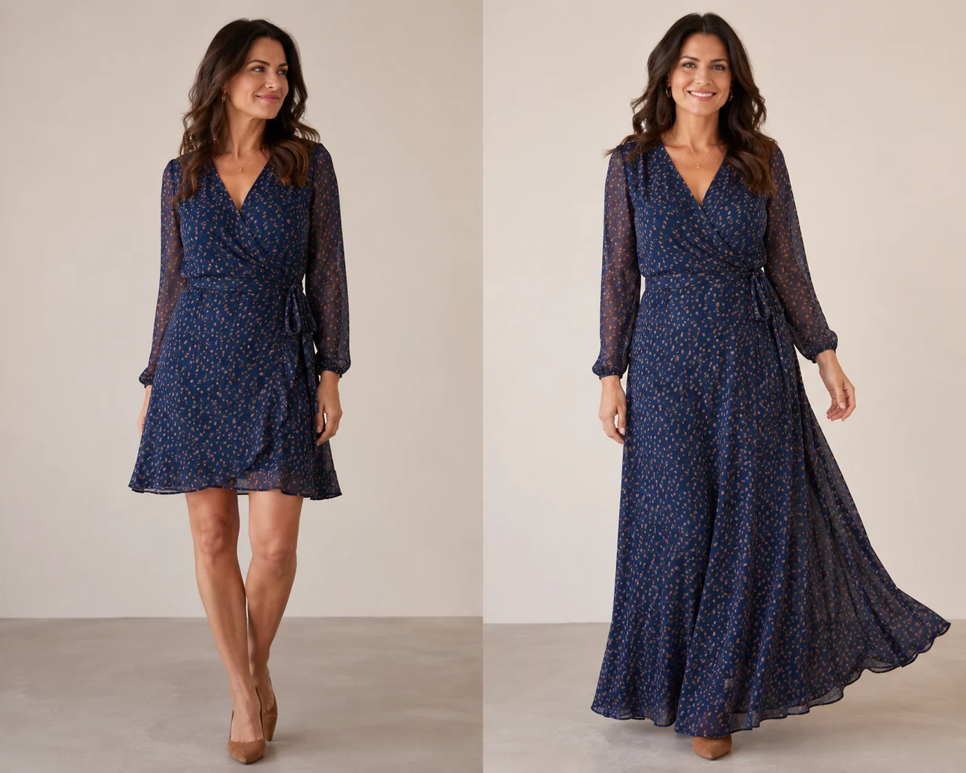 Side-by-side comparison of the same woman in two different dress lengths, a knee-grazing wrap and a longer flowing maxi, in a bright studio