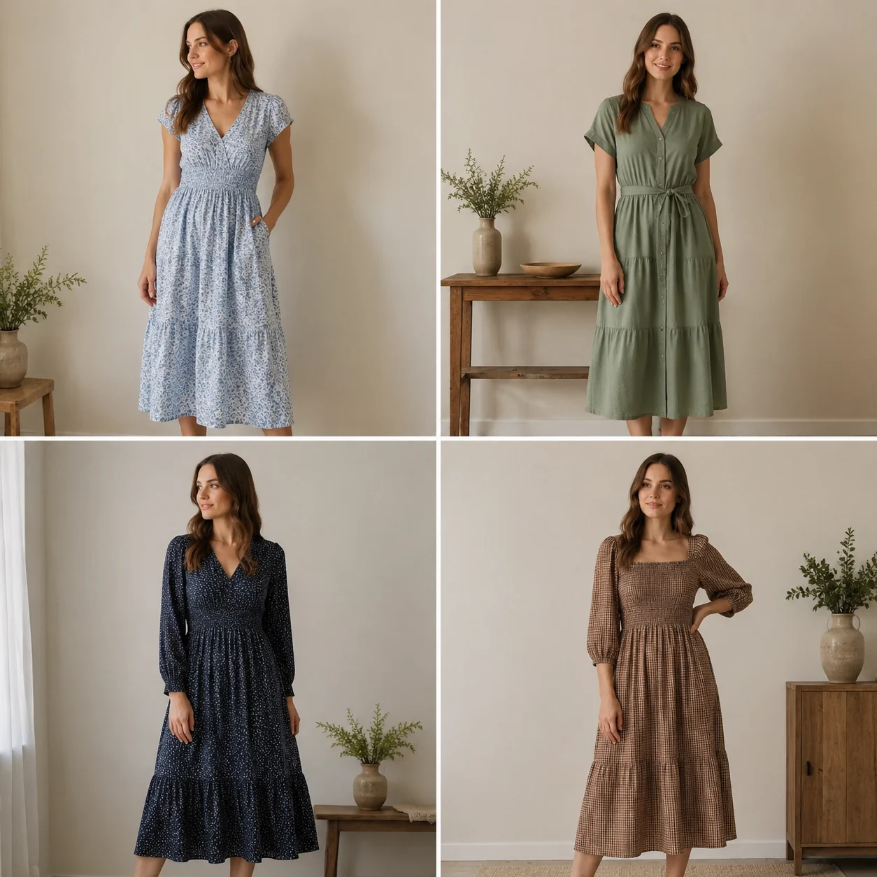 A flat grid of four preview images showing one woman in four distinct everyday dresses, laid out like a digital shopping shortlist