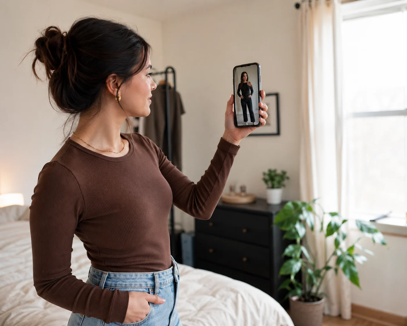 A young woman holding up her phone showing a virtual dress-up preview of herself in a different outfit, standing in a sunlit bedroom