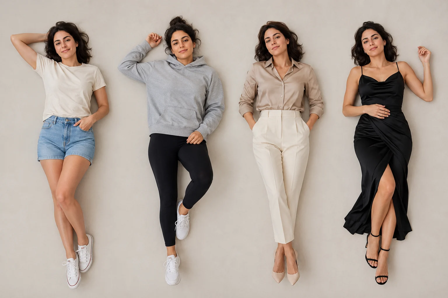 A flat-lay collage of one person shown in four completely different outfits side by side, casual to formal, on a clean neutral surface