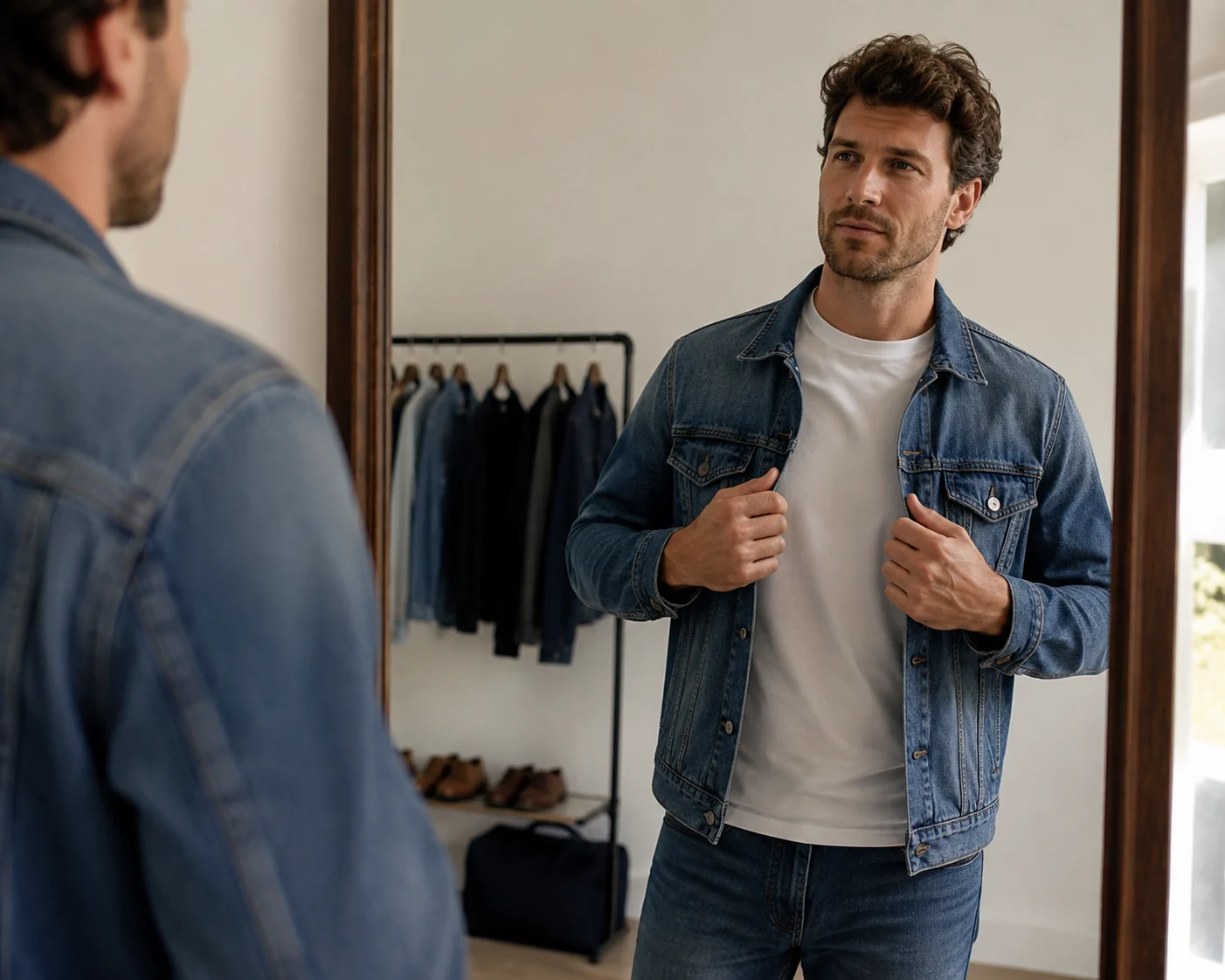 A man trying on a layered outfit of an open denim jacket over a tee, the pieces shown coming together into one styled look in soft daylight