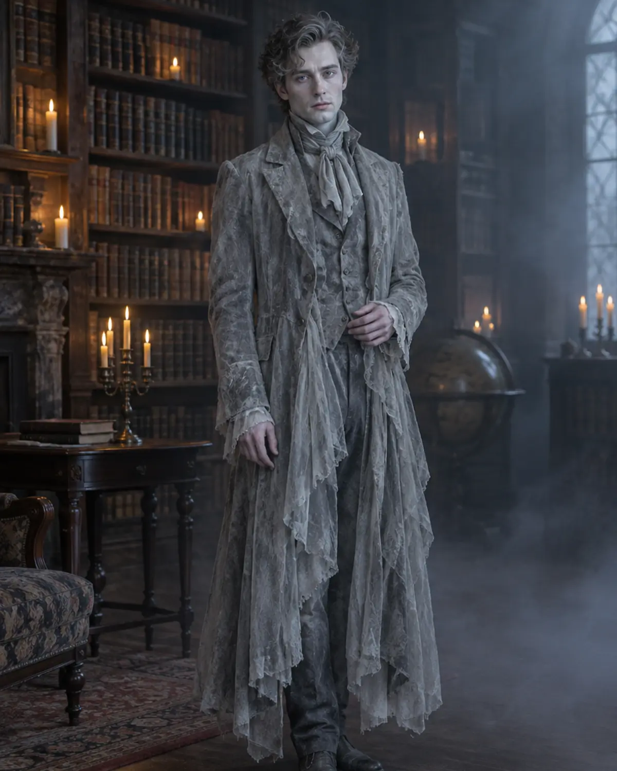 Adult man in an original faded Victorian ghost costume in a candle-lit library