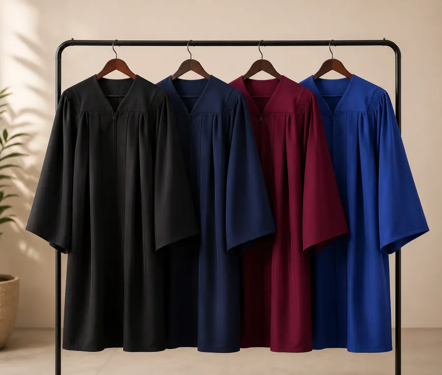 Graduation gowns in several school colours hanging on a rack