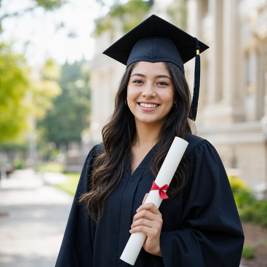 A smiling graduate in a black cap and gown holding a diploma