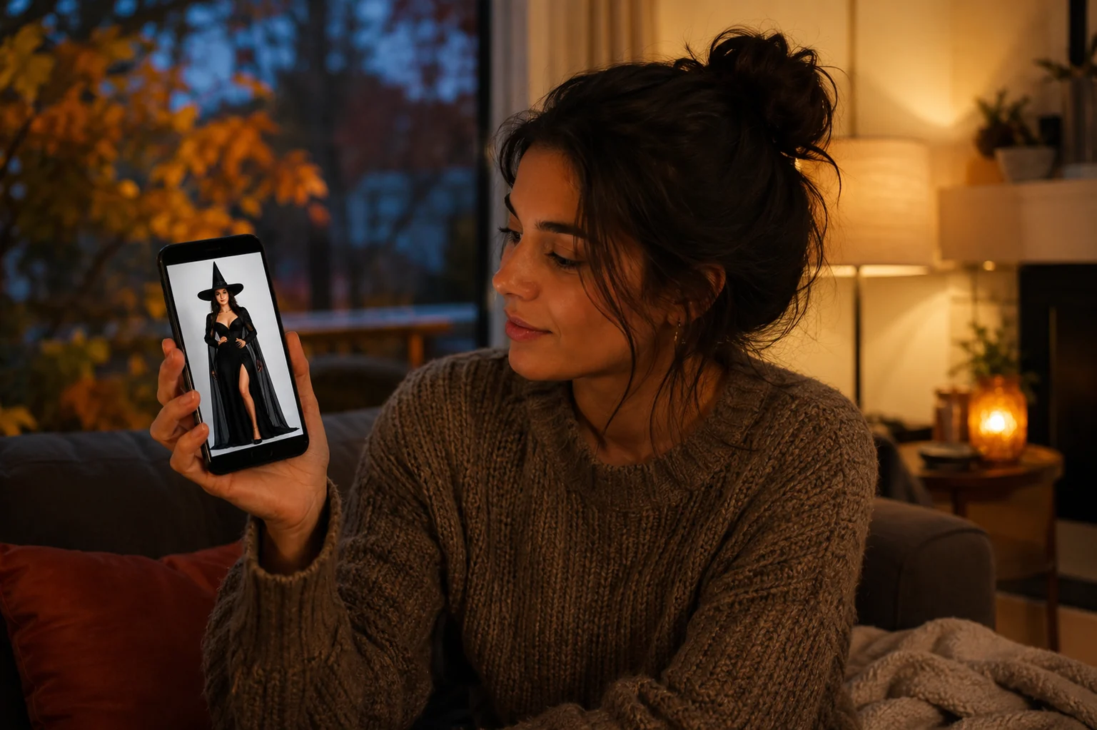 A young woman in a warm-lit living room holding her phone, glancing between her own photo and a dramatic black witch costume with a wide-brim hat on screen, autumn evening light