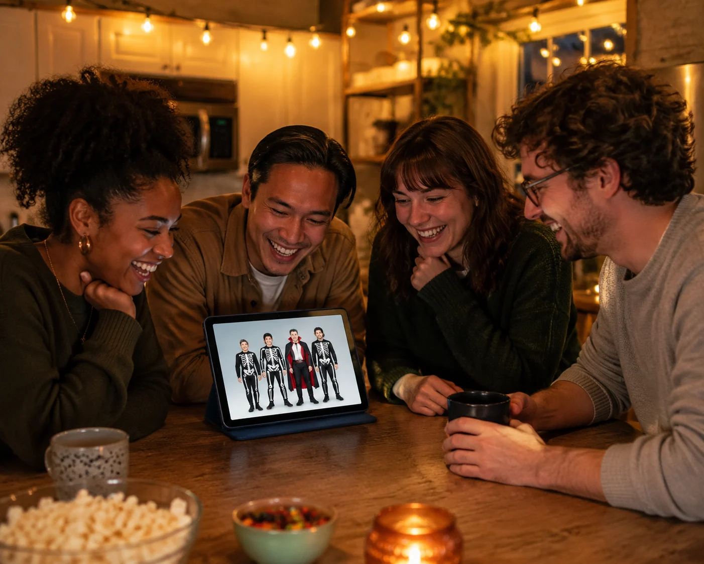 Four friends gathered around a kitchen table laughing, a tablet propped up showing a coordinated skeleton-and-vampire group costume preview, warm string lights overhead