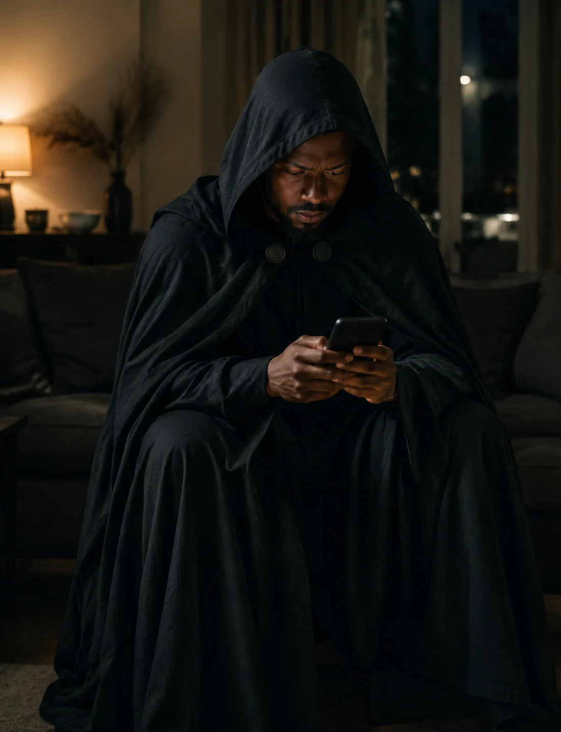 A man studying his phone showing his photo in a hooded grim-reaper-style robe with a flowing cape, thoughtful expression, dim moody home interior with soft lamplight