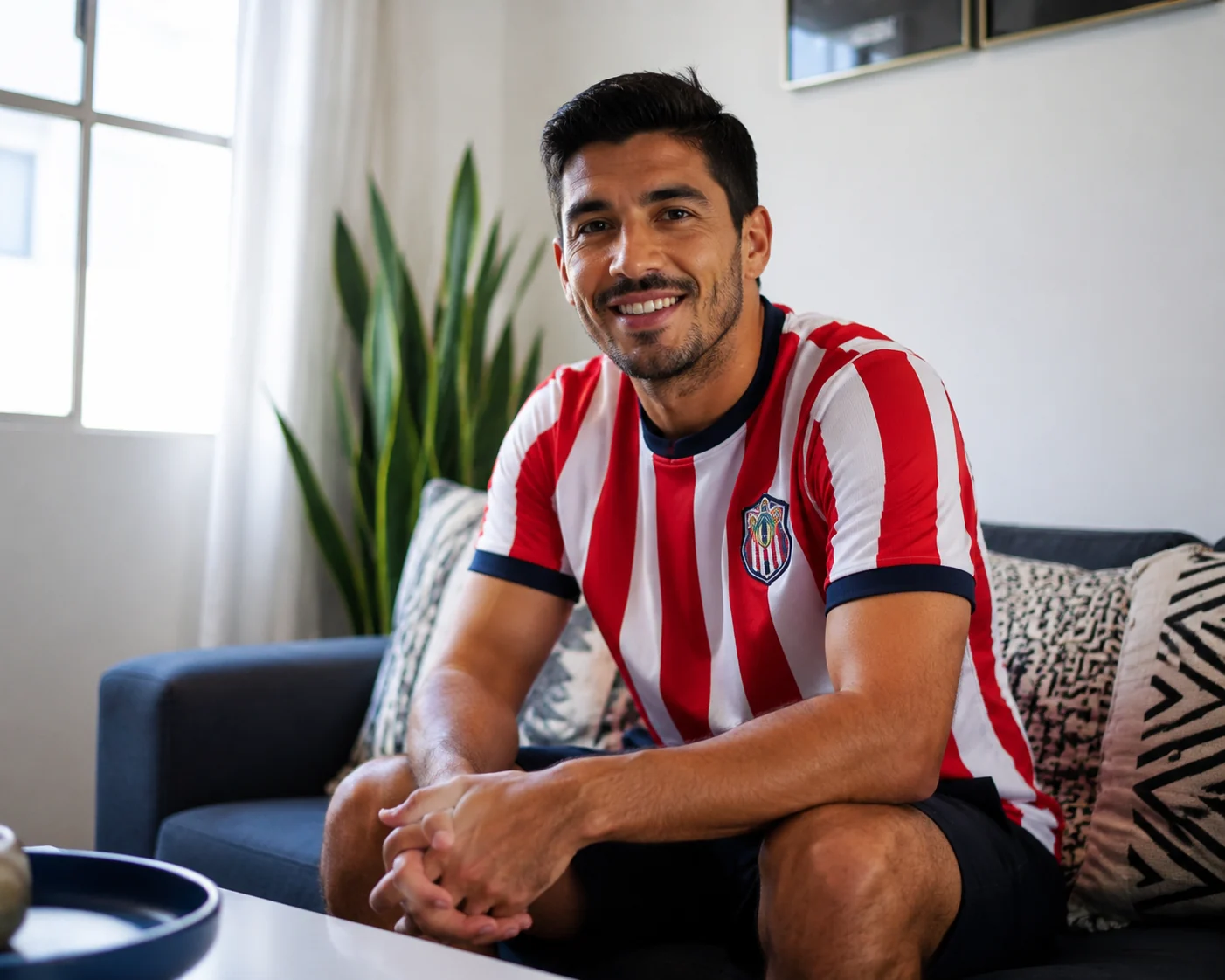 A smiling fan in a living room wearing a red-and-white striped soccer home kit with a crest on the chest, photographed in soft natural window light