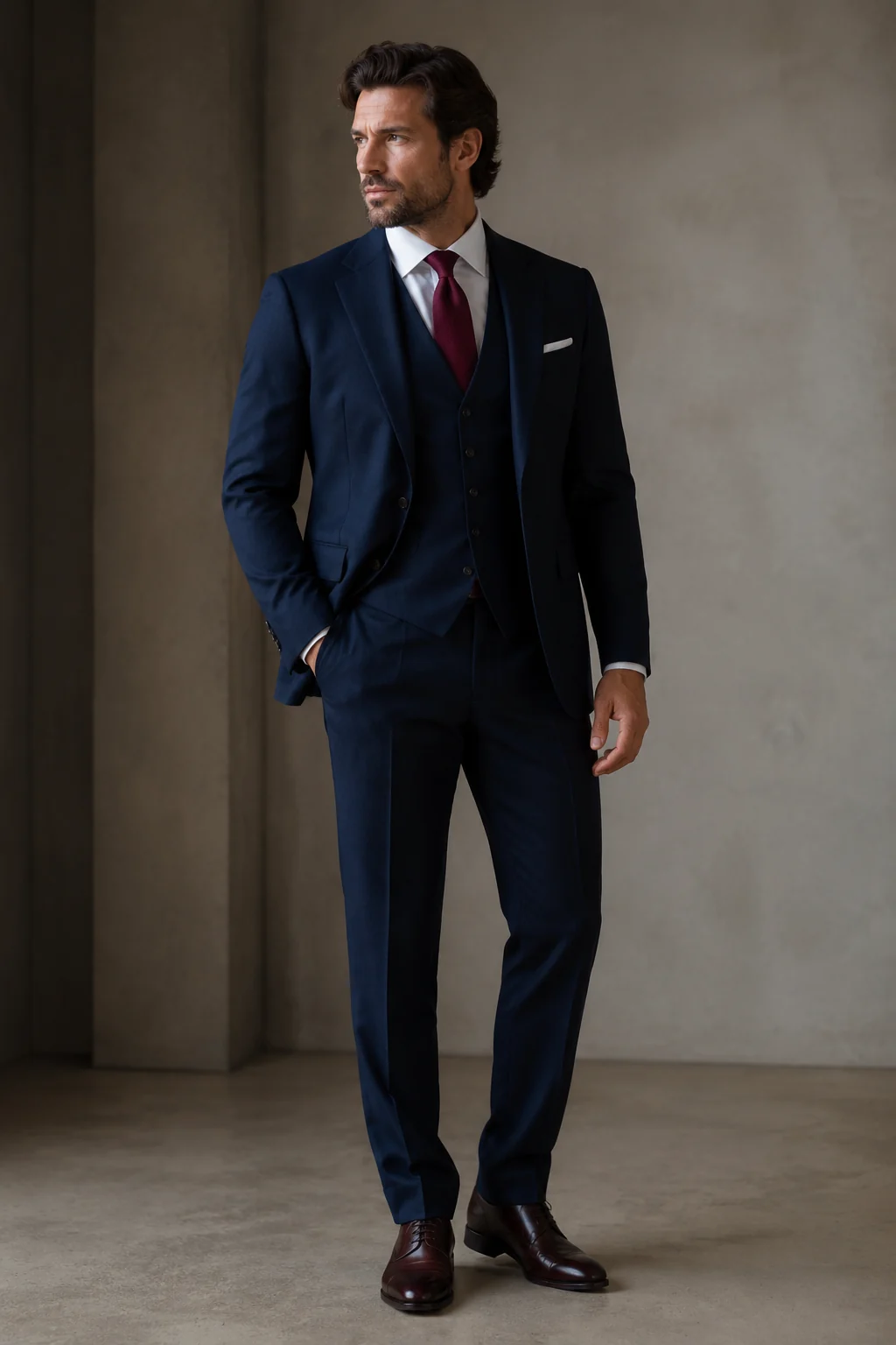 A broad-shouldered man in a tailored navy three-piece suit with a burgundy tie, standing in a softly lit studio, full-length editorial shot