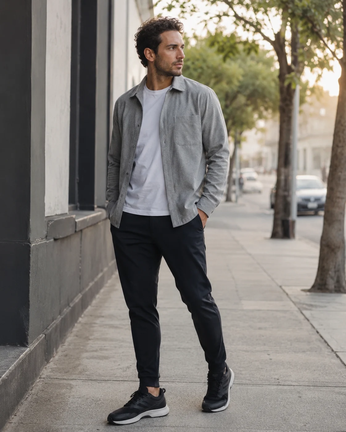 An athletic man in his thirties in black joggers, a grey overshirt and running trainers, standing on a city sidewalk in morning light