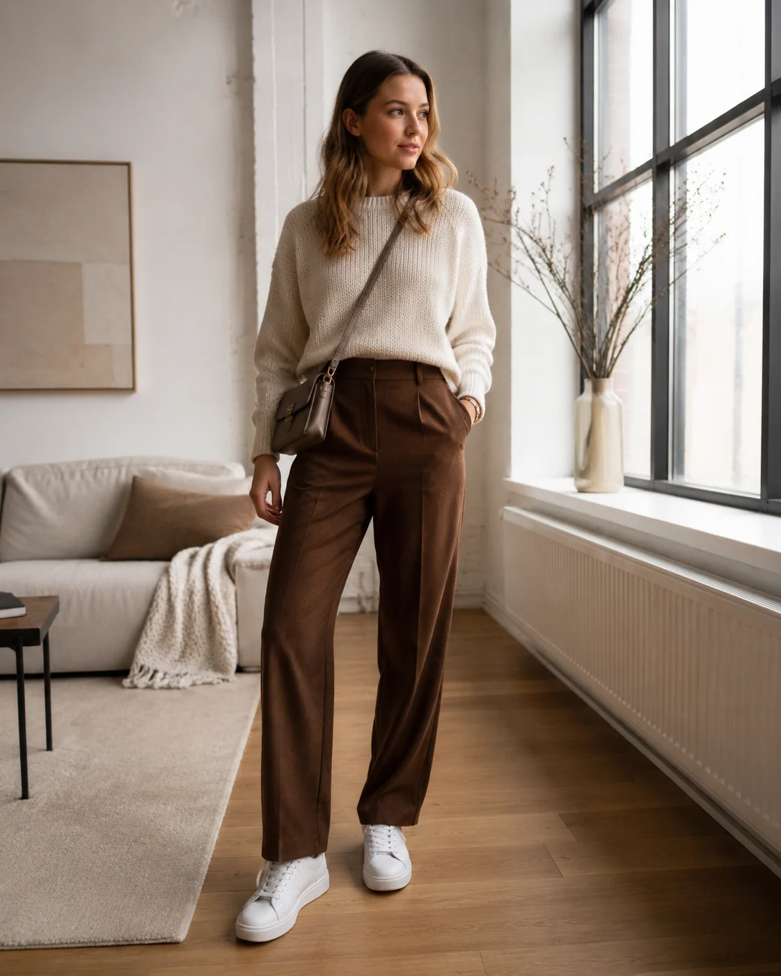 A young woman with light brown hair standing in a bright loft, wearing a cream knit sweater, tailored brown trousers, white sneakers and a small crossbody bag, the full outfit clearly styled together